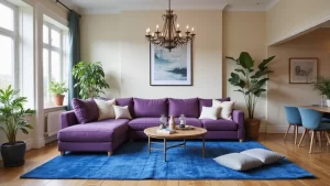21 Lebendige Wohnzimmerideen: Lila Sofa, blauer Teppich und eleganter Kronleuchter!