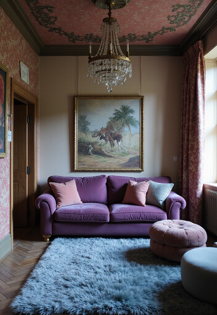 21 Lebendige Wohnzimmerideen: Lila Sofa, blauer Teppich und eleganter Kronleuchter! - 4. Kombination von Texturen