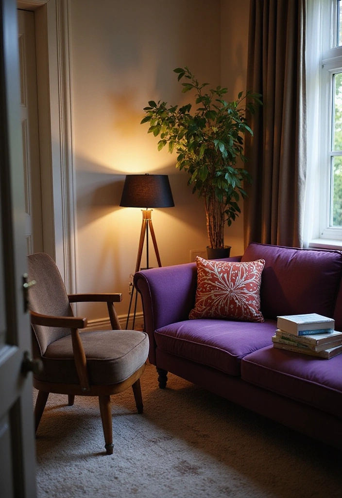 21 Lebendige Wohnzimmerideen: Lila Sofa, blauer Teppich und eleganter Kronleuchter! - 6. Gemütliche Leseecke