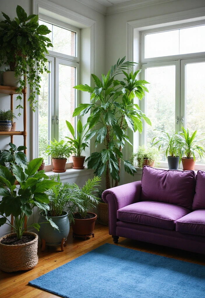 21 Lebendige Wohnzimmerideen: Lila Sofa, blauer Teppich und eleganter Kronleuchter! - 7. Pflanzen für frische Luft