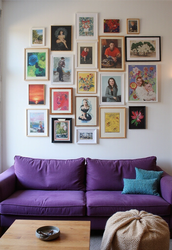 21 Lebendige Wohnzimmerideen: Lila Sofa, blauer Teppich und eleganter Kronleuchter! - 8. Kreative Wandkunst