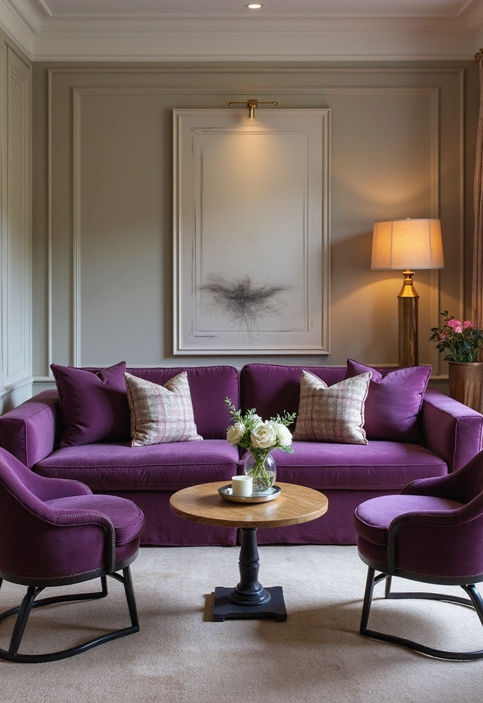 21 Lebendige Wohnzimmerideen: Lila Sofa, blauer Teppich und eleganter Kronleuchter! - 9. Bequeme Sitzgelegenheiten
