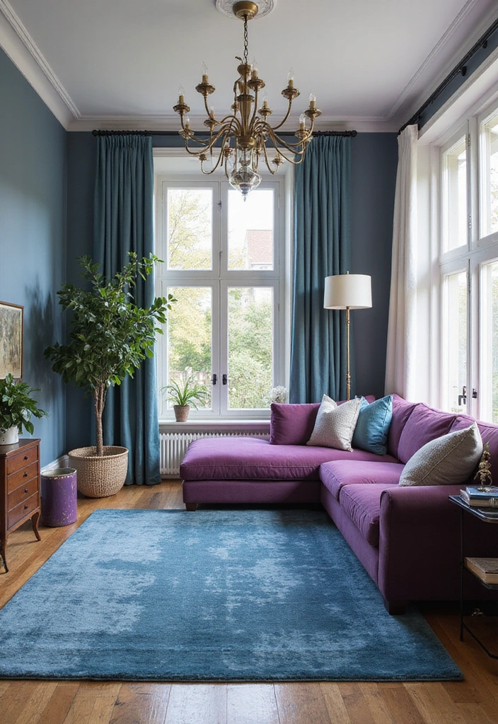 21 Lebendige Wohnzimmerideen: Lila Sofa, blauer Teppich und eleganter Kronleuchter! - Fazit: Ihr Traumwohnzimmer Gestalten!