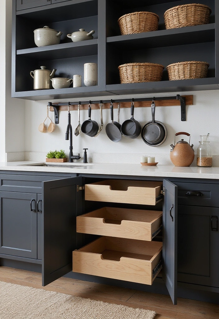 21 Luxe Industrial Kitchen: Dark Cabinetry Meets Modern Elegance with Stunning Lighting! - 10. Smart Storage Solutions for Efficiency