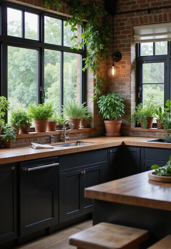 21 Luxe Industrial Kitchen: Dark Cabinetry Meets Modern Elegance with Stunning Lighting! - 11. Incorporating Natural Elements for Balance