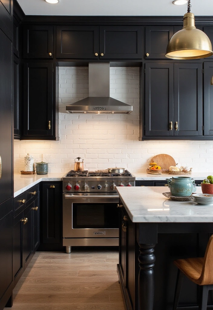 21 Luxe Industrial Kitchen: Dark Cabinetry Meets Modern Elegance with Stunning Lighting! - 2. Sleek Black Cabinets with Metallic Accents