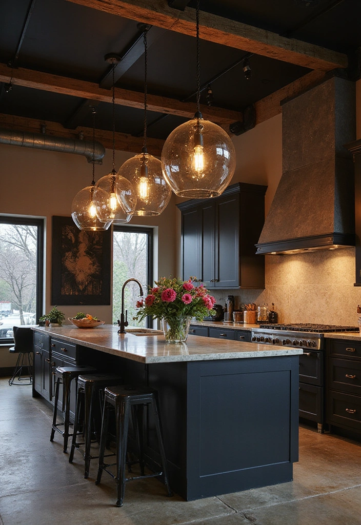 21 Luxe Industrial Kitchen: Dark Cabinetry Meets Modern Elegance with Stunning Lighting! - 4. Elegant Lighting Fixtures as Focal Points