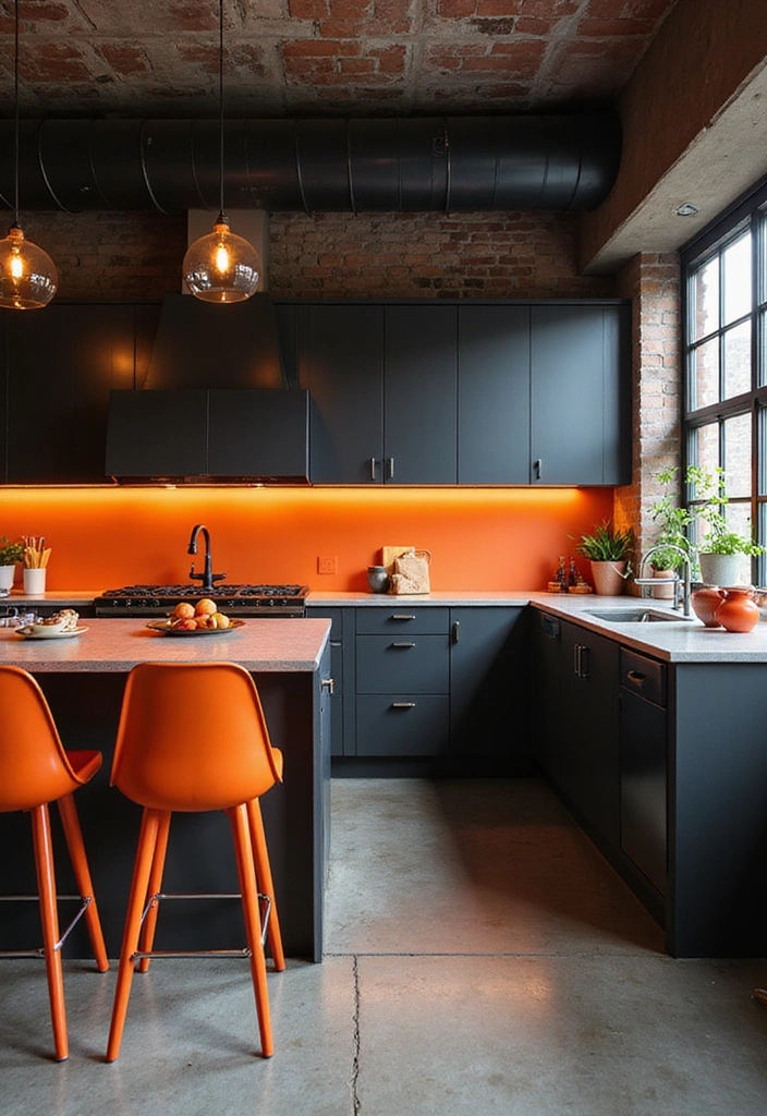 21 Luxe Industrial Kitchen: Dark Cabinetry Meets Modern Elegance with Stunning Lighting! - 9. Bold Color Accents to Brighten the Space