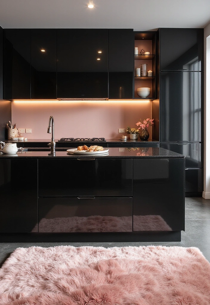 21 Sophisticated Blush and Black Kitchen Ideas with Elegant Rugs for a Luxe Feel! - 1. Blush Accents with Black Cabinets