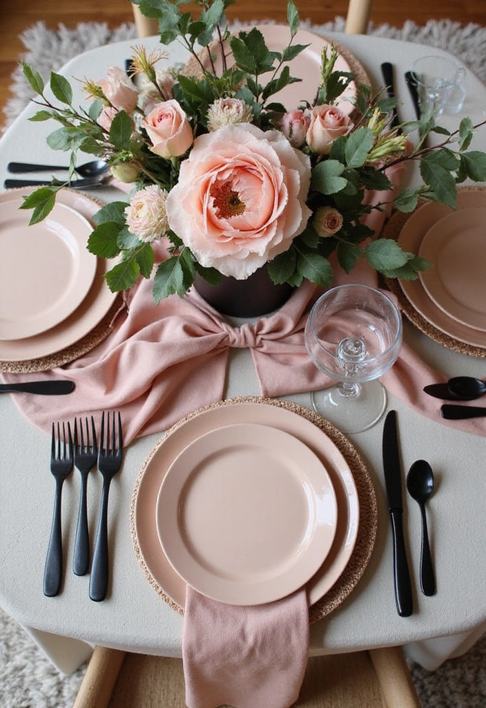 21 Sophisticated Blush and Black Kitchen Ideas with Elegant Rugs for a Luxe Feel! - 10. Blush and Black Table Settings