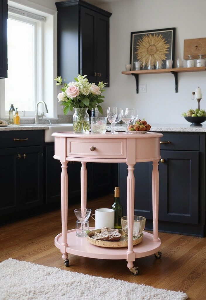 21 Sophisticated Blush and Black Kitchen Ideas with Elegant Rugs for a Luxe Feel! - 11. Blush Bar Cart with Black Accents