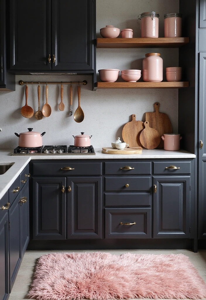 21 Sophisticated Blush and Black Kitchen Ideas with Elegant Rugs for a Luxe Feel! - 12. Blush Kitchen Accessories