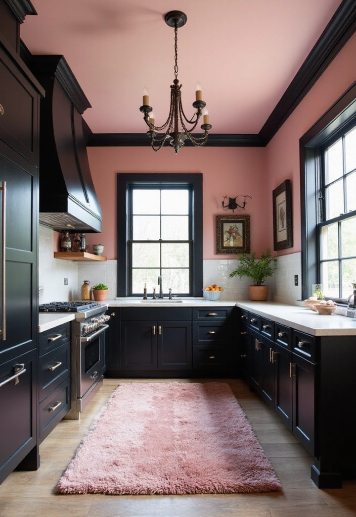 21 Sophisticated Blush and Black Kitchen Ideas with Elegant Rugs for a Luxe Feel! - 13. Blush and Black Ceiling Design