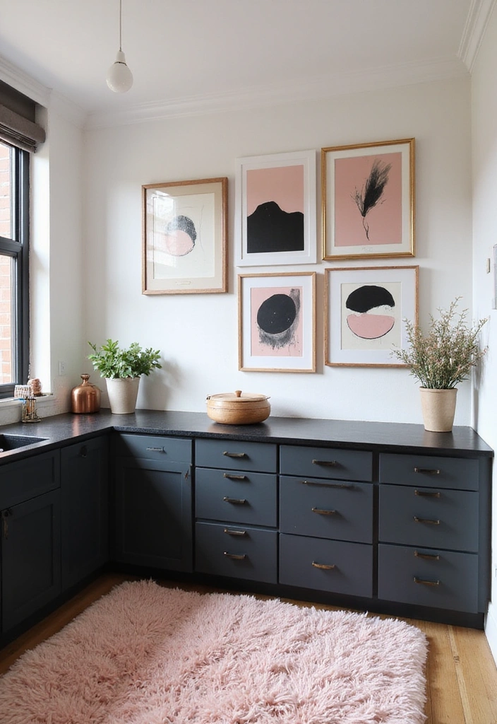 21 Sophisticated Blush and Black Kitchen Ideas with Elegant Rugs for a Luxe Feel! - 14. Blush and Black Artwork