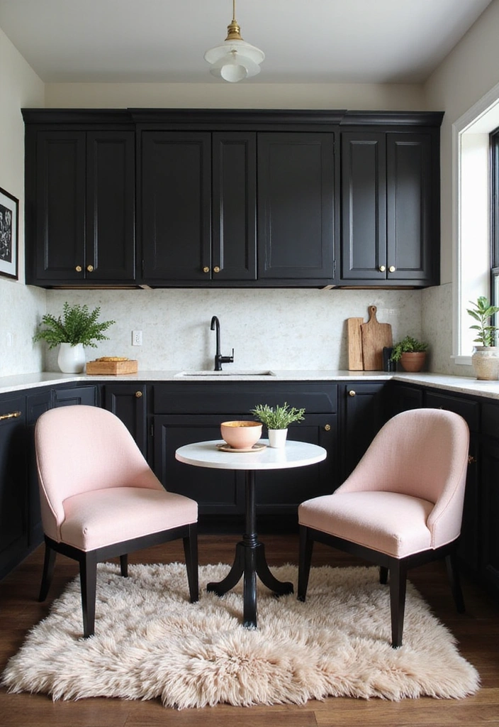 21 Sophisticated Blush and Black Kitchen Ideas with Elegant Rugs for a Luxe Feel! - 15. Blush and Black Accent Chairs