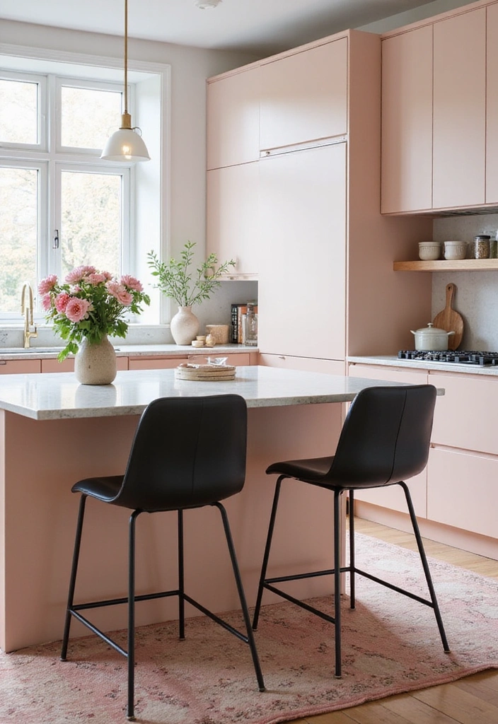 21 Sophisticated Blush and Black Kitchen Ideas with Elegant Rugs for a Luxe Feel! - 2. Chic Blush Island with Black Stools