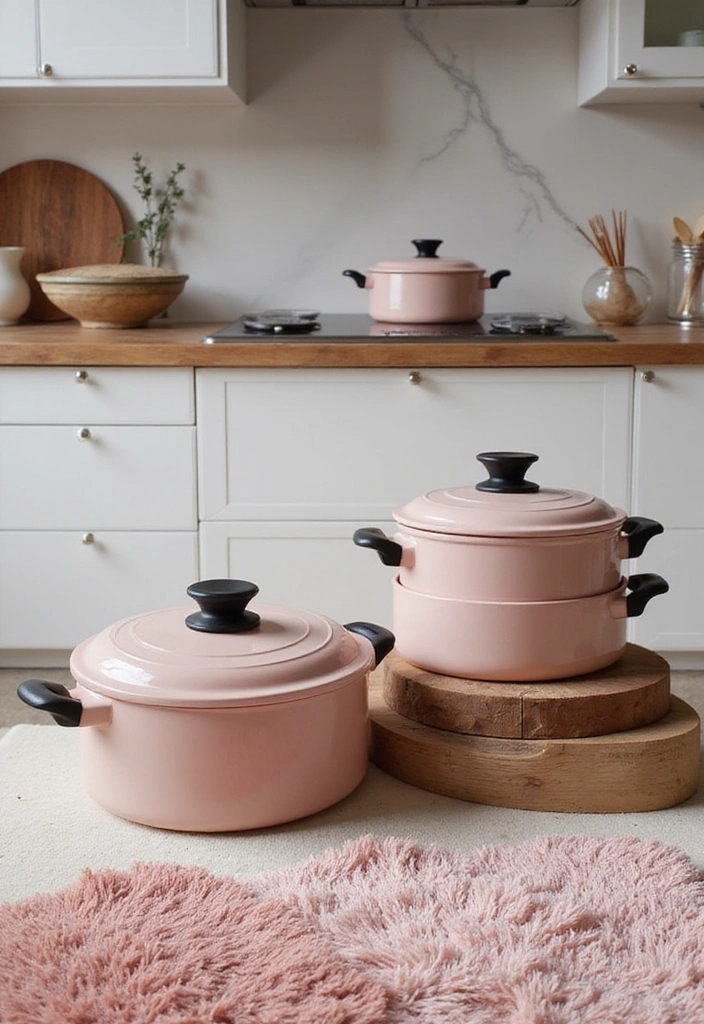 21 Sophisticated Blush and Black Kitchen Ideas with Elegant Rugs for a Luxe Feel! - 21. Blush and Black Cookware