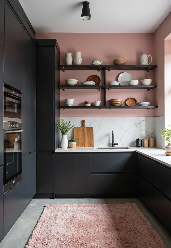 21 Sophisticated Blush and Black Kitchen Ideas with Elegant Rugs for a Luxe Feel! - 3. Black and Blush Color Block Walls
