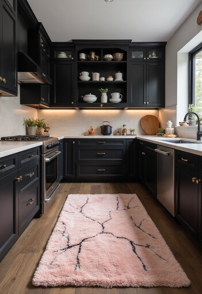 21 Sophisticated Blush and Black Kitchen Ideas with Elegant Rugs for a Luxe Feel! - 4. Sophisticated Blush Rugs with Black Accents