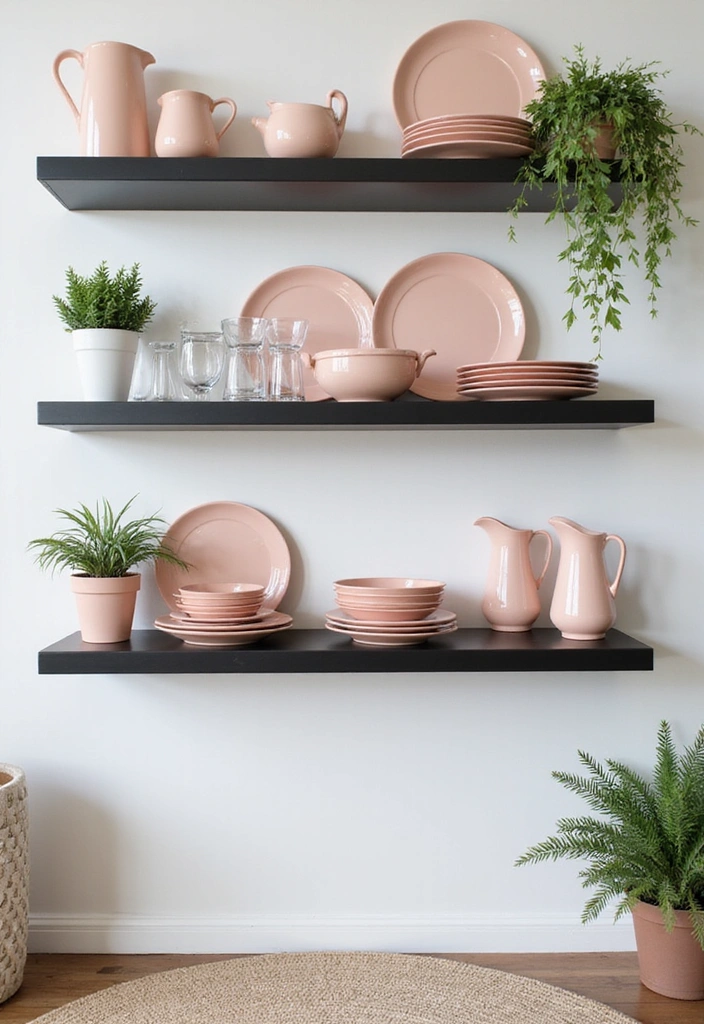 21 Sophisticated Blush and Black Kitchen Ideas with Elegant Rugs for a Luxe Feel! - 5. Blush and Black Open Shelving