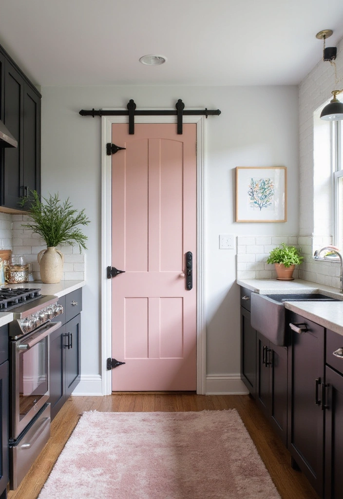 21 Sophisticated Blush and Black Kitchen Ideas with Elegant Rugs for a Luxe Feel! - 7. Blush Pantry Door with Black Hardware