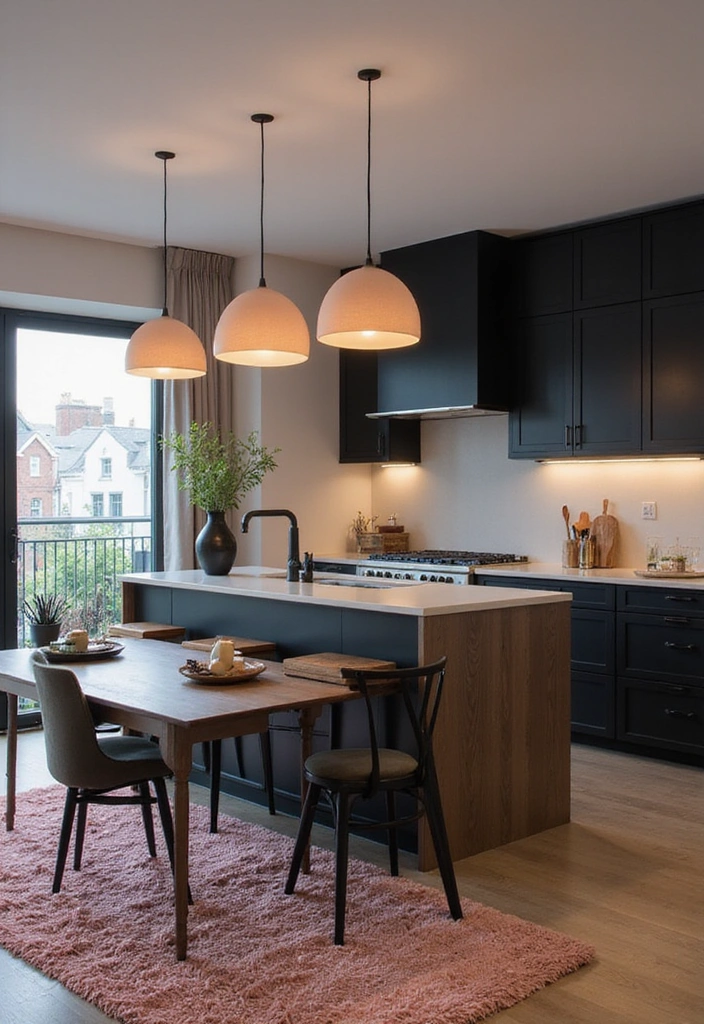 21 Sophisticated Blush and Black Kitchen Ideas with Elegant Rugs for a Luxe Feel! - 8. Blush Lighting Fixtures