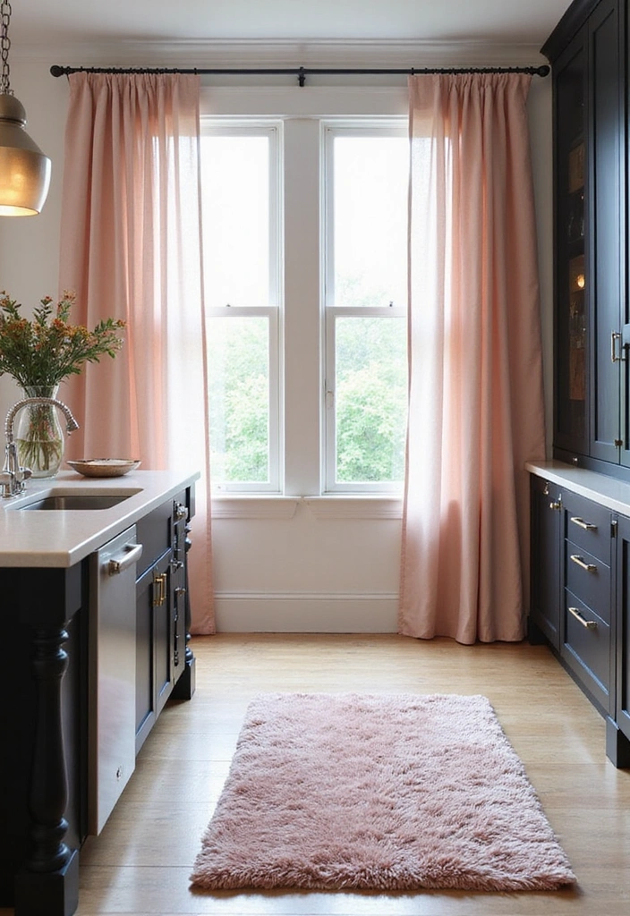 21 Sophisticated Blush and Black Kitchen Ideas with Elegant Rugs for a Luxe Feel! - 9. Blush Window Treatments
