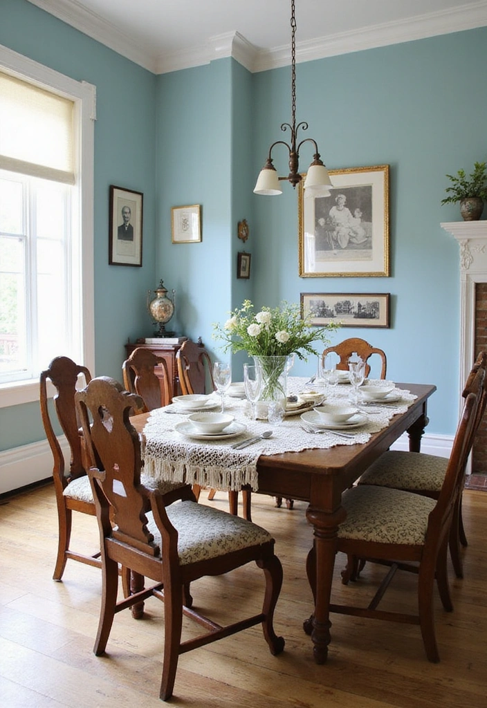 21 Stylish Dining Room Designs with Benjamin Moore Blue Paint Color and Elegant Wooden Tables! - 10. Vintage Charm with Powder Blue