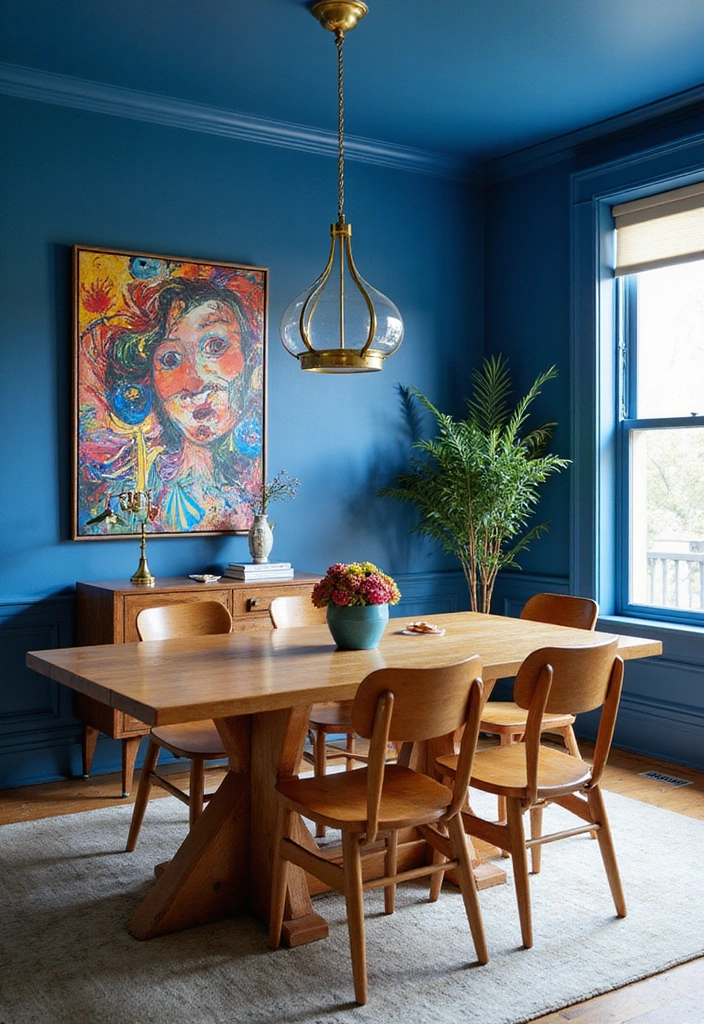 21 Stylish Dining Room Designs with Benjamin Moore Blue Paint Color and Elegant Wooden Tables! - 12. Artistic Flair with Cobalt Blue