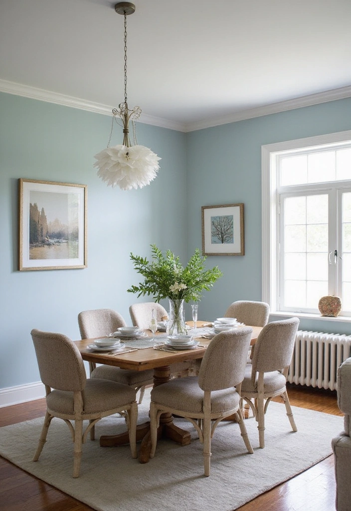 21 Stylish Dining Room Designs with Benjamin Moore Blue Paint Color and Elegant Wooden Tables! - 13. Elegant Simplicity with Misty Blue