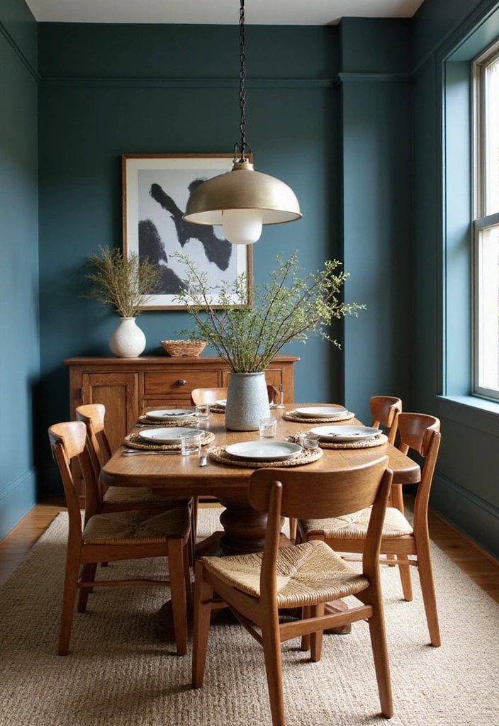 21 Stylish Dining Room Designs with Benjamin Moore Blue Paint Color and Elegant Wooden Tables! - 15. Earthy Warmth with Teal Blue