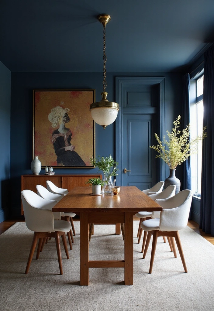 21 Stylish Dining Room Designs with Benjamin Moore Blue Paint Color and Elegant Wooden Tables! - 16. Bold Contrast with Midnight Blue