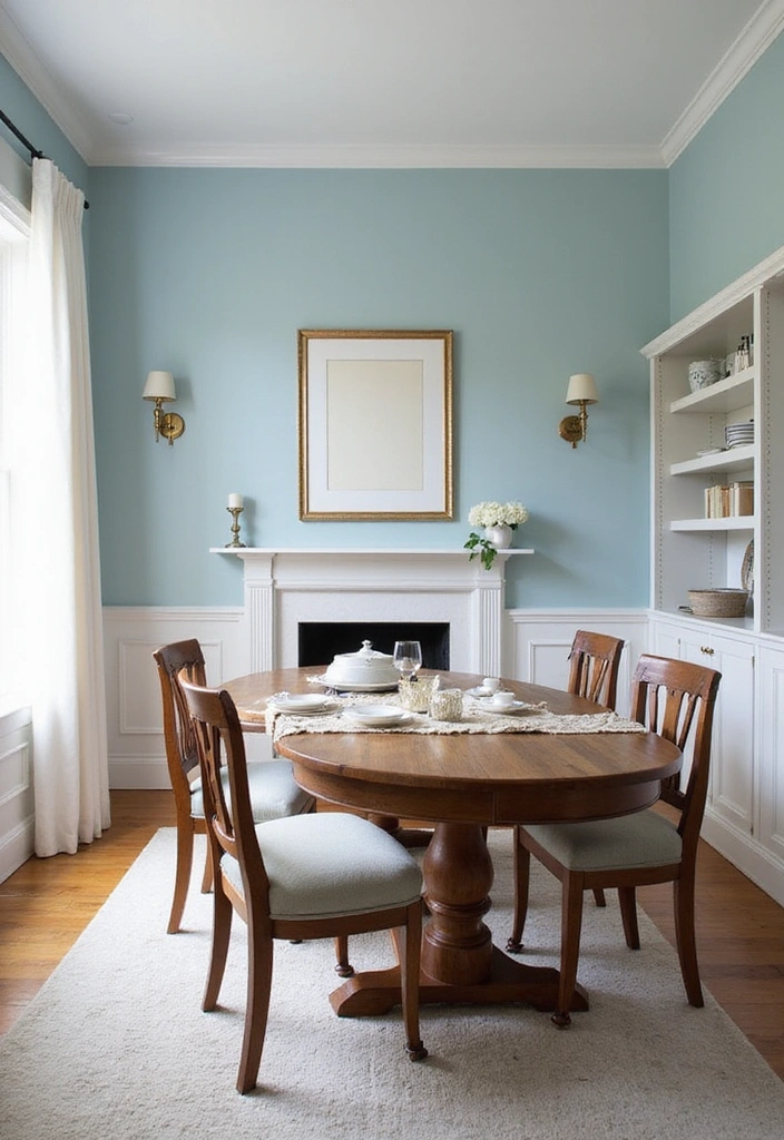 21 Stylish Dining Room Designs with Benjamin Moore Blue Paint Color and Elegant Wooden Tables! - 17. Soft Glamour with Baby Blue