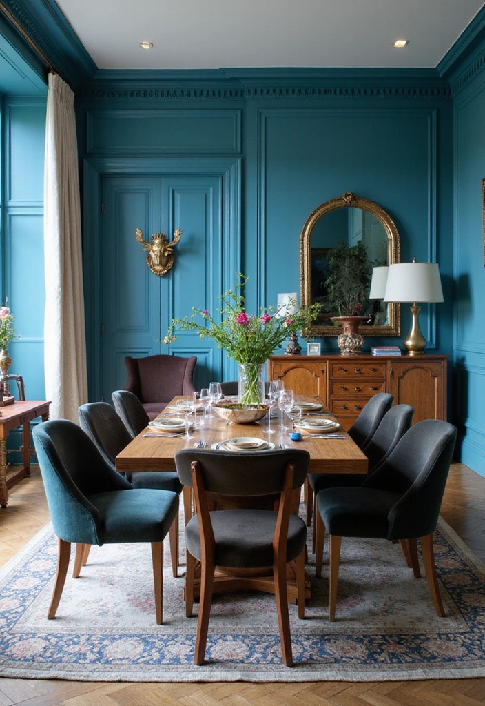 21 Stylish Dining Room Designs with Benjamin Moore Blue Paint Color and Elegant Wooden Tables! - 18. Luxurious Appeal with Cyan Blue
