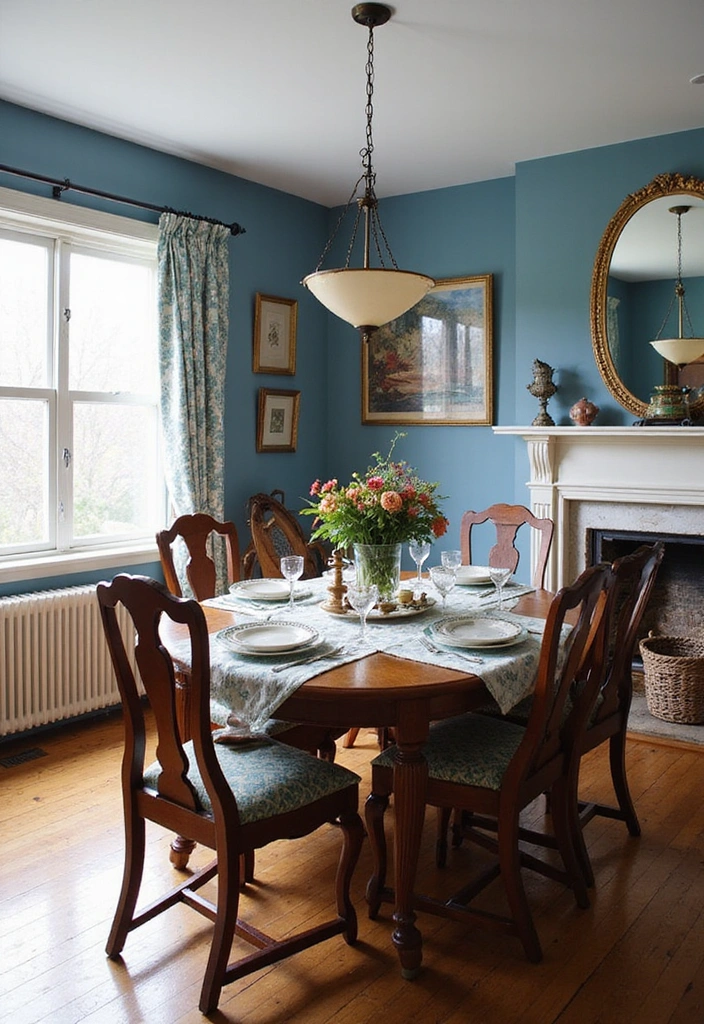 21 Stylish Dining Room Designs with Benjamin Moore Blue Paint Color and Elegant Wooden Tables! - 21. Nostalgic Warmth with Classic Blue