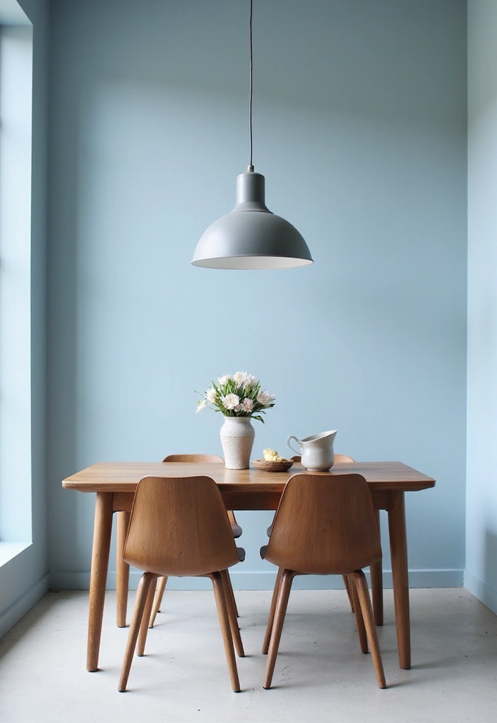 21 Stylish Dining Room Designs with Benjamin Moore Blue Paint Color and Elegant Wooden Tables! - 4. Chic and Minimalistic with Soft Blue