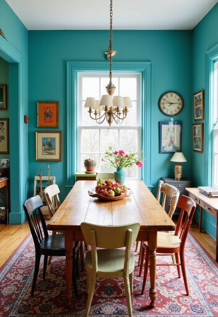 21 Stylish Dining Room Designs with Benjamin Moore Blue Paint Color and Elegant Wooden Tables! - 5. Eclectic Vibes with Turquoise