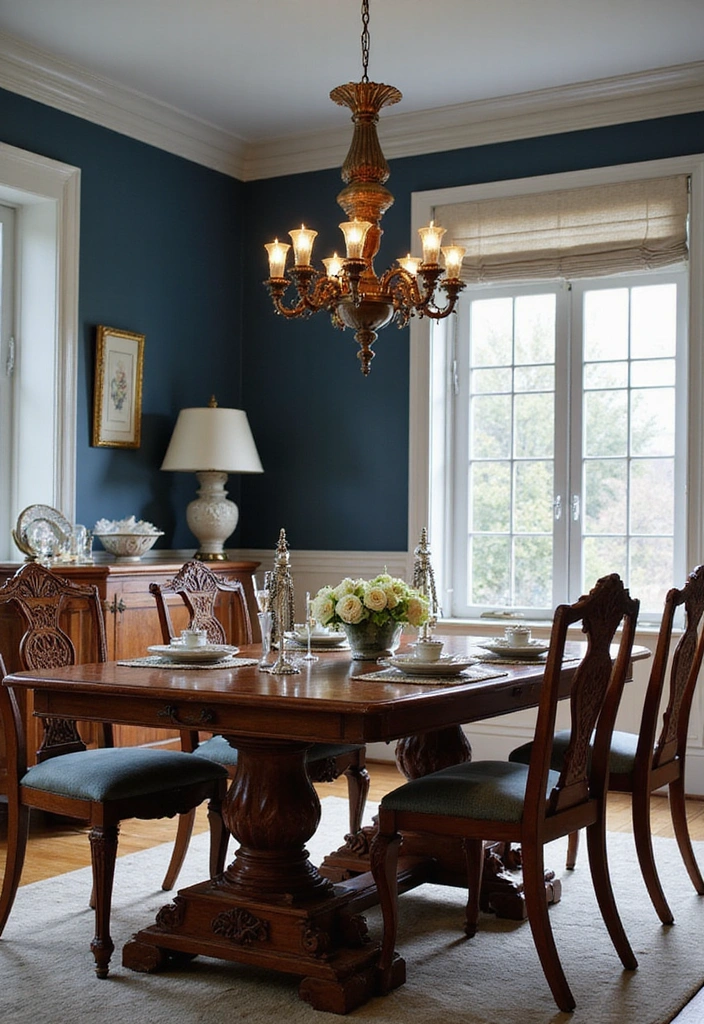 21 Stylish Dining Room Designs with Benjamin Moore Blue Paint Color and Elegant Wooden Tables! - 6. Timeless Tradition with Slate Blue