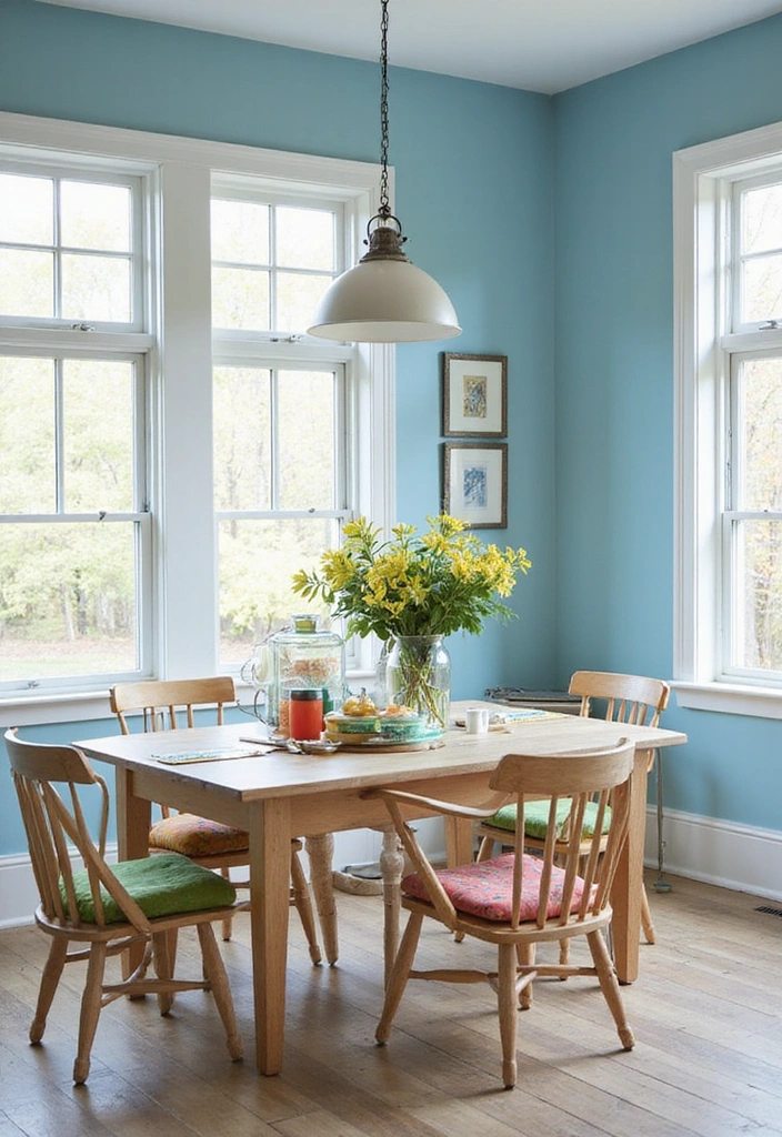 21 Stylish Dining Room Designs with Benjamin Moore Blue Paint Color and Elegant Wooden Tables! - 7. Bright and Breezy with Sky Blue