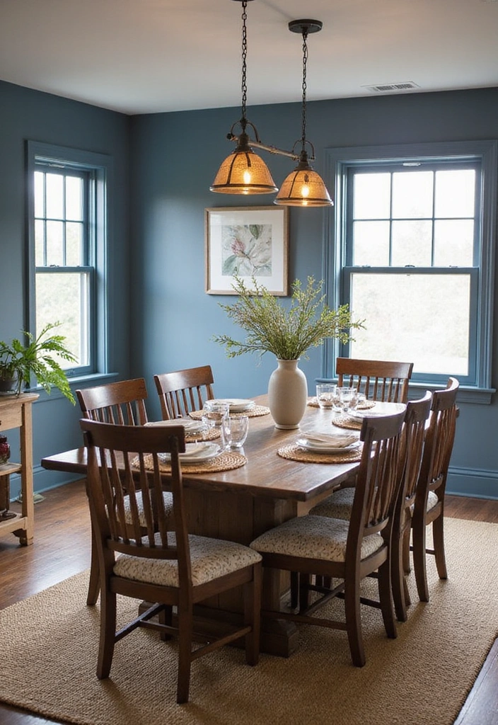21 Stylish Dining Room Designs with Benjamin Moore Blue Paint Color and Elegant Wooden Tables! - 8. Rustic Elegance with Denim Blue