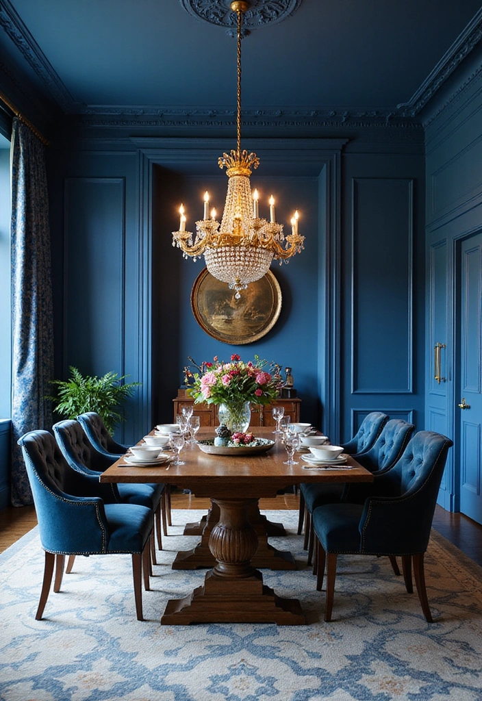 21 Stylish Dining Room Designs with Benjamin Moore Blue Paint Color and Elegant Wooden Tables! - 9. Regal Appeal with Royal Blue