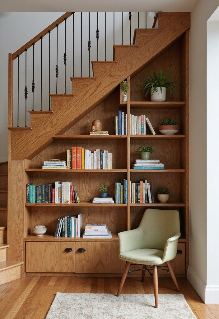 30 Kreative Ideen für Stauraum unter der Treppe in warmen Farben: Maximieren Sie Ihren Platz! - 1. Bücherregal unter der Treppe