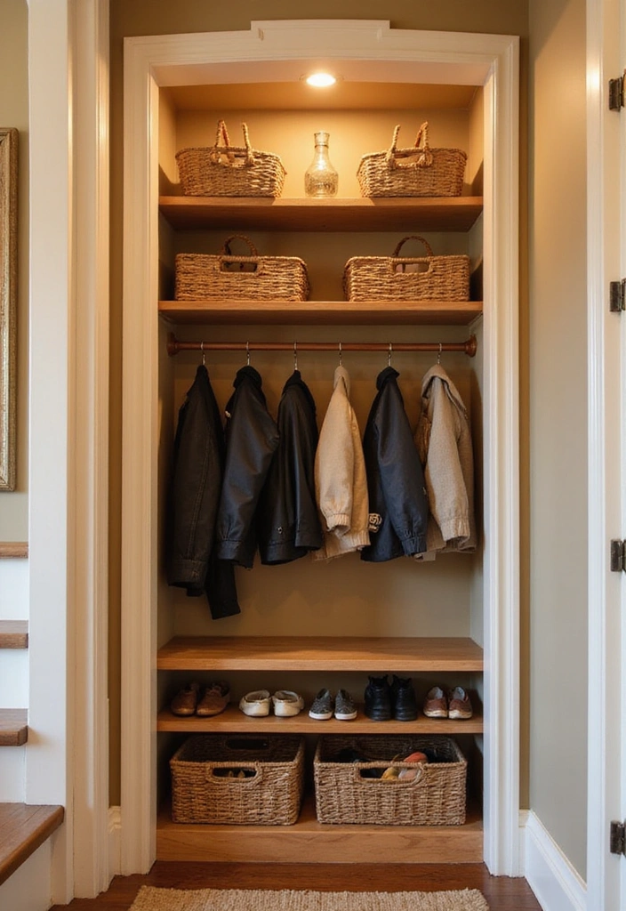 30 Kreative Ideen für Stauraum unter der Treppe in warmen Farben: Maximieren Sie Ihren Platz! - 10. Garderobe für Jacken und Schuhe