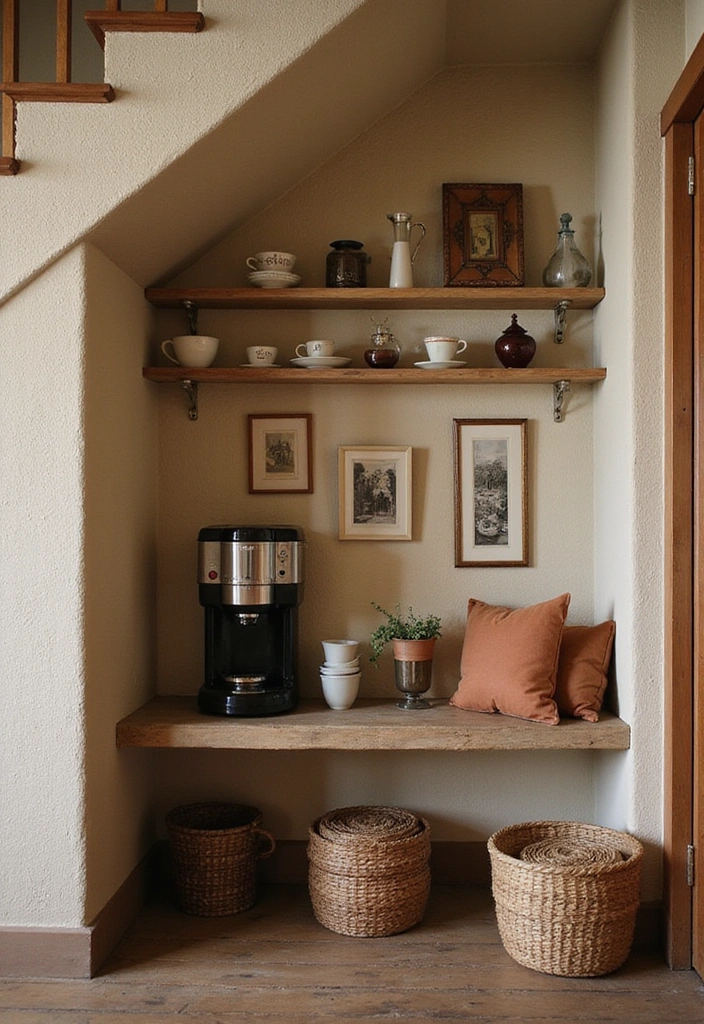 30 Kreative Ideen für Stauraum unter der Treppe in warmen Farben: Maximieren Sie Ihren Platz! - 12. Vintage-Kaffeeecke