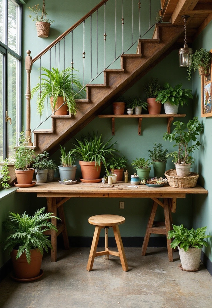 30 Kreative Ideen für Stauraum unter der Treppe in warmen Farben: Maximieren Sie Ihren Platz! - 20. Pflanzen-Werkbank