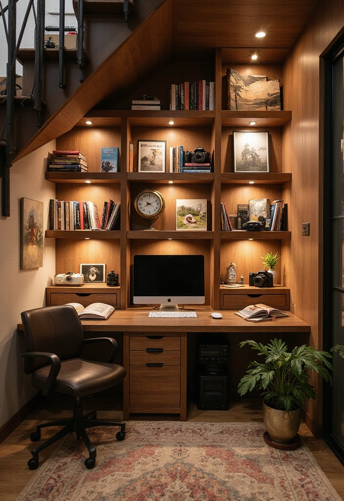 30 Kreative Ideen für Stauraum unter der Treppe in warmen Farben: Maximieren Sie Ihren Platz! - 23. Kreatives Fotostudio