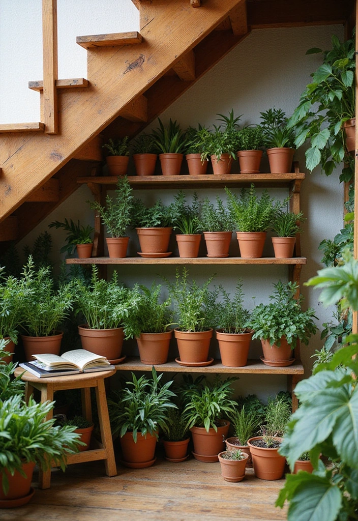 30 Kreative Ideen für Stauraum unter der Treppe in warmen Farben: Maximieren Sie Ihren Platz! - 29. Nachhaltiger Naturbereich