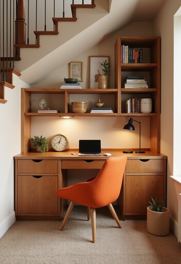 30 Kreative Ideen für Stauraum unter der Treppe in warmen Farben: Maximieren Sie Ihren Platz! - 4. Mini-Heimbüro