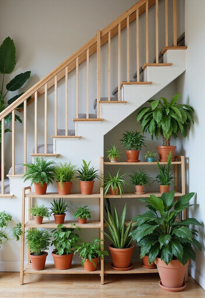 30 Kreative Ideen für Stauraum unter der Treppe in warmen Farben: Maximieren Sie Ihren Platz! - 9. Pflanzenregal