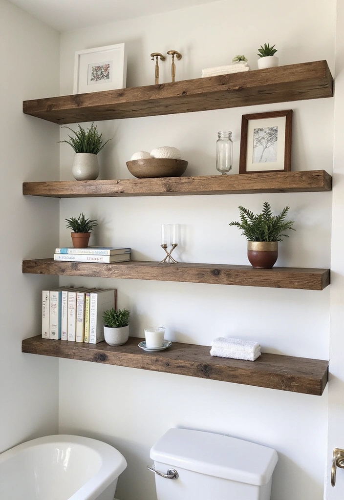 31 Rustic Floating Shelves Ideas: Enhance Your Small Bathroom with Reclaimed Wood Decor! - 10. Multi-Tiered Floating Shelves